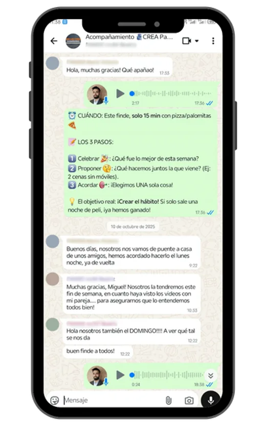 Conversación de la comunidad de WhatsApp: un mensaje del Dr. Miguel Calero con la pauta del día y varias respuestas de madres contando cómo les ha ido.